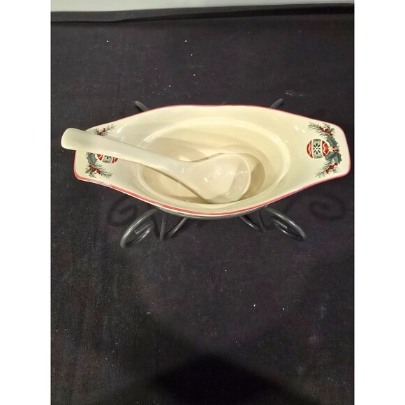 Pfaltzgraff Holiday Garland Divided Serving Bowl with Metal Stand & Ladle - Picture 2 of 11